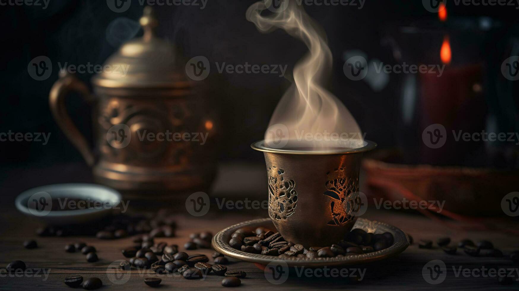cottura a vapore Turco caffè con caffè fagioli, gustoso, vicino sparo. generativo ai foto