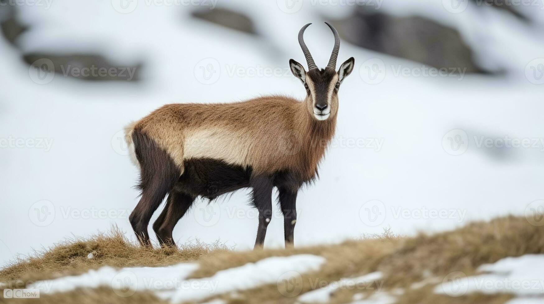 calma selvaggio alpino camoscio con Marrone pelliccia e corna a piedi su asciutto erboso prato coperto con bianca neve nel inverno natura di nazionale parco. generativo ai foto