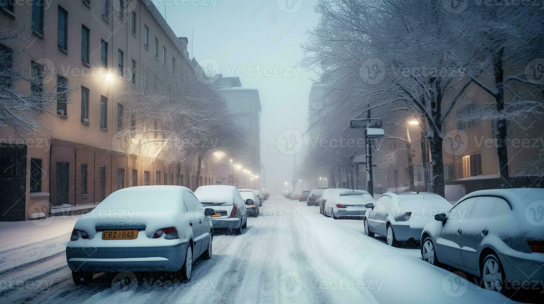 anormale disco nevicata paralizzato infrastruttura di città, macchine avuto incollato nel neve. inverno problema di cittadina. generativo ai foto