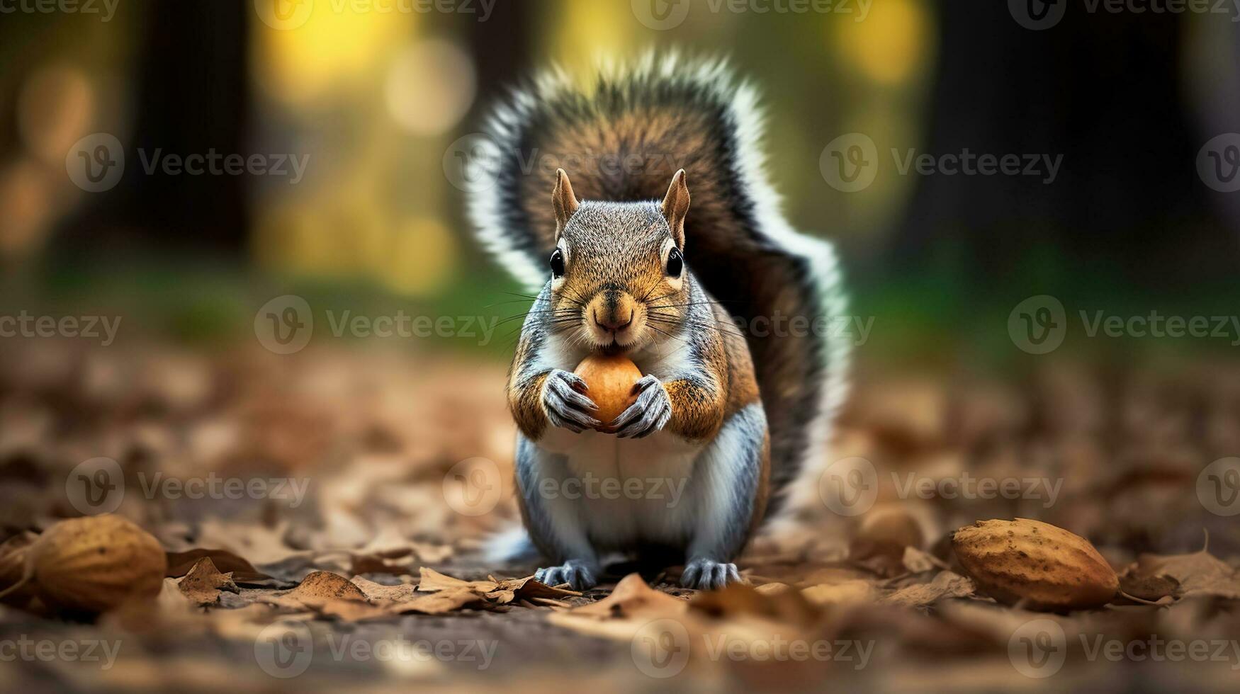 un' scoiattolo è Tenere un' Noce nel suo bocca mentre in piedi su suo posteriore gambe su il terra nel davanti di un' albero e le foglie su il terra, generativo ai foto