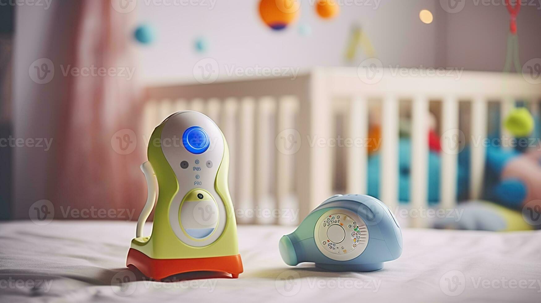 bambino tenere sotto controllo, sonaglio e sippy tazza su tavolo nel camera. Radio bambinaia, generativo ai foto