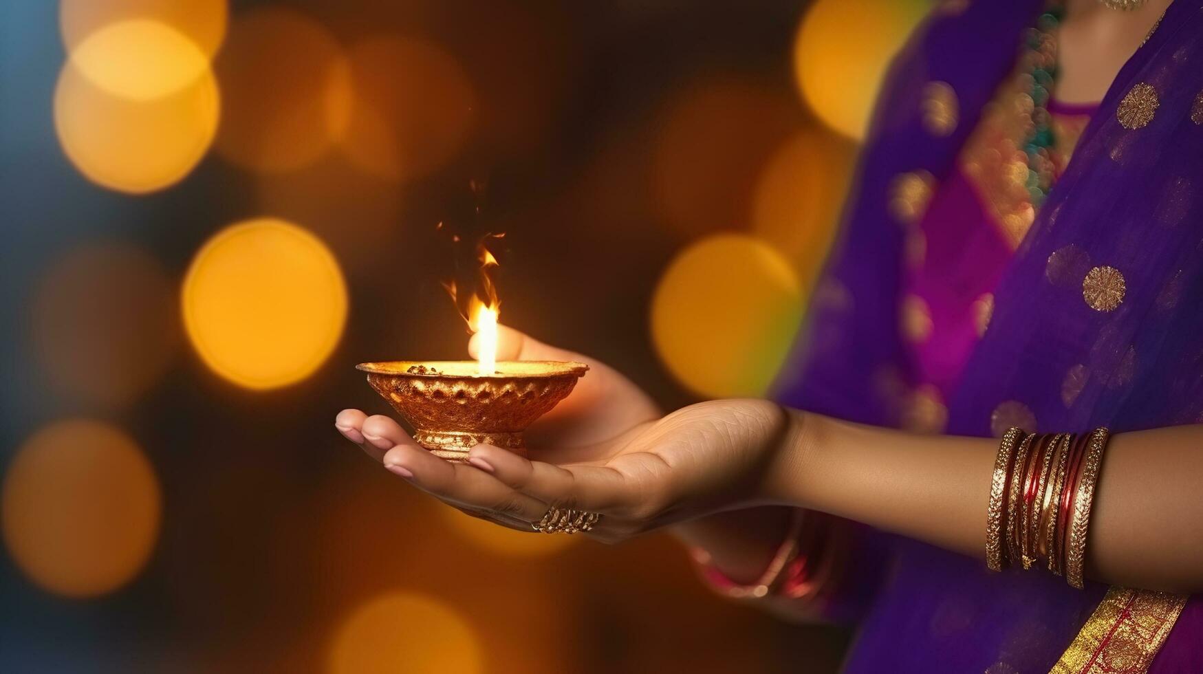 tradizionale indiano Festival, Diwali o Festival di luci. donna nel sari mani Tenere olio lampada, generativo ai foto