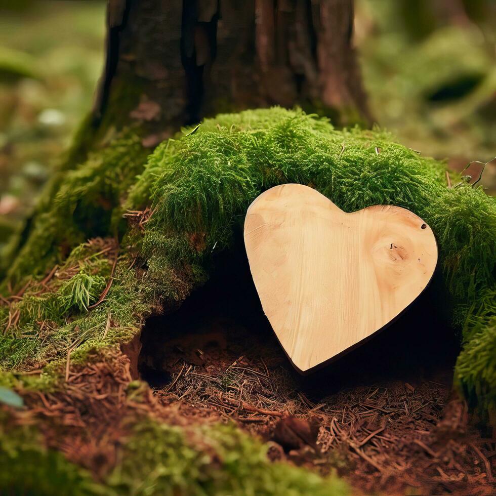 funerale cuore simpatia o di legno funerale cuore vicino un' albero. naturale sepoltura tomba nel il foresta. cuore su erba o muschio. albero sepoltura, cimitero e tutti santi giorno concetti generativo ai foto