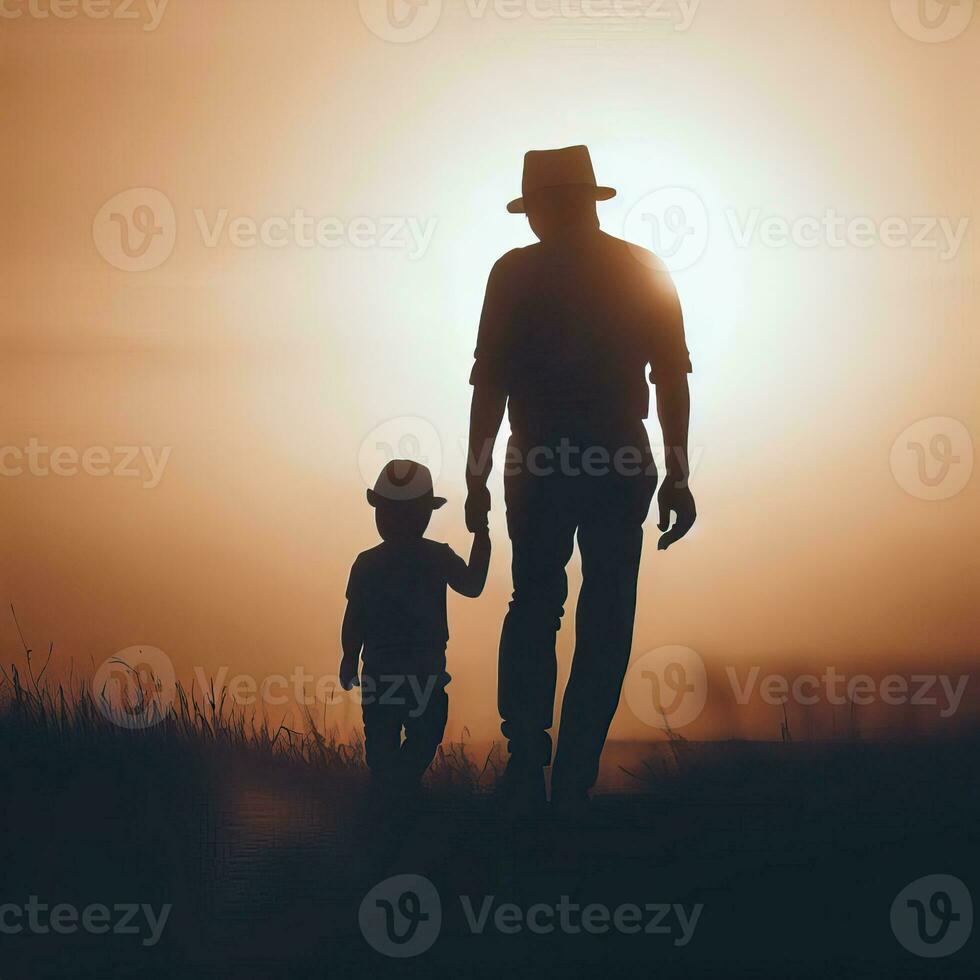 padre e figlio giocare nel il parco durante tramonto. persone avere divertimento nel natura. buio sagome di persone su un arancia sfondo.il concetto di un' amichevole famiglia e estate vacanze generativo ai foto