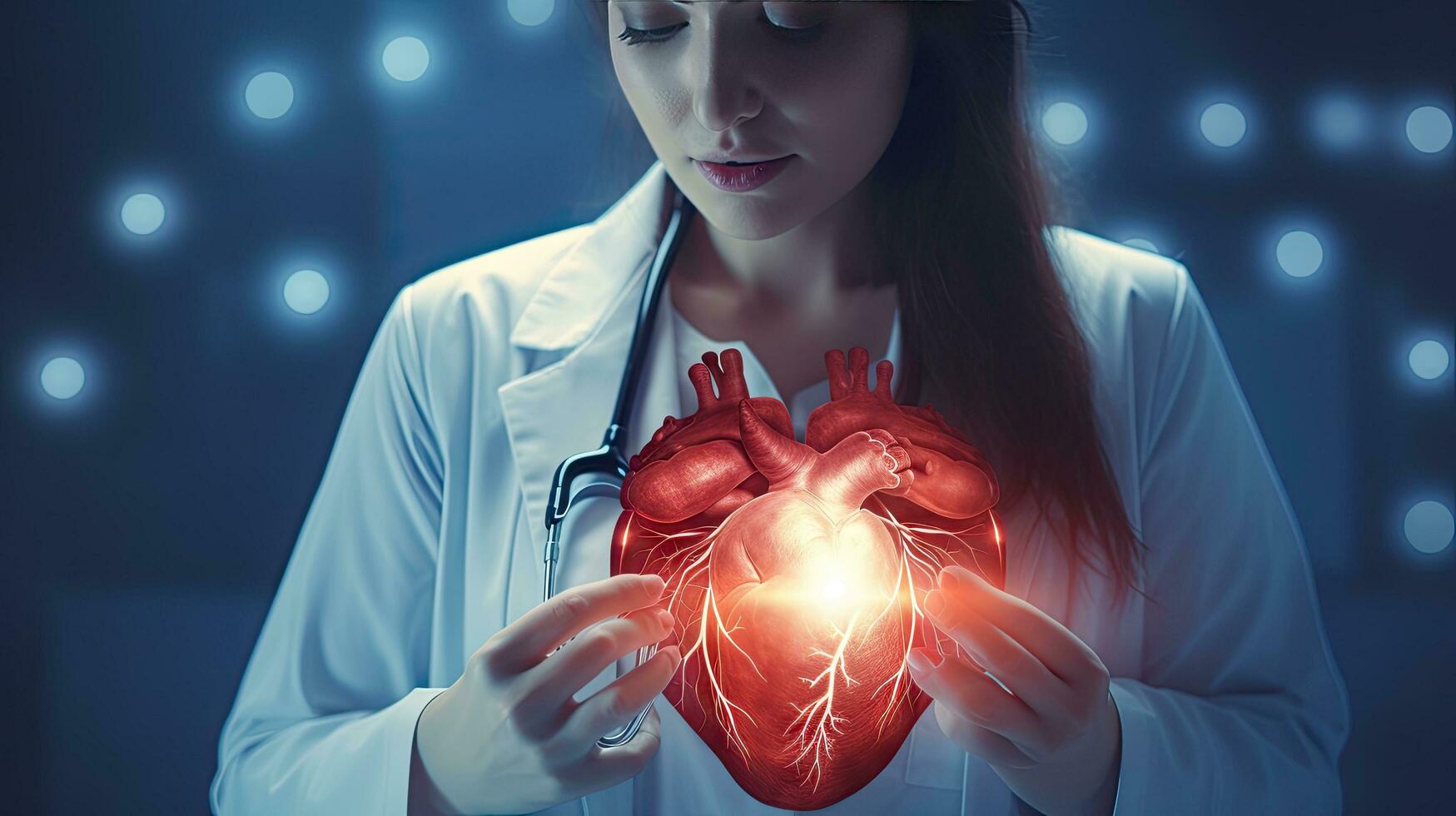 femmina medico pietra di paragone virtuale cuore nel mano mano disegnato umano organi evidenziazione rosso è un' simbolo di patologia. ospedale trattamento concetto foto