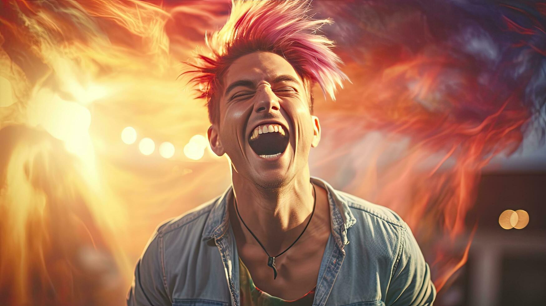 avvicinamento foto di un' bello dai capelli multicolori uomo sorridente ampiamente, mostrando via il suo Perfetto denti. esprimere il tuo emozioni nel un' brillantemente illuminato camera il concetto di persone e felicità