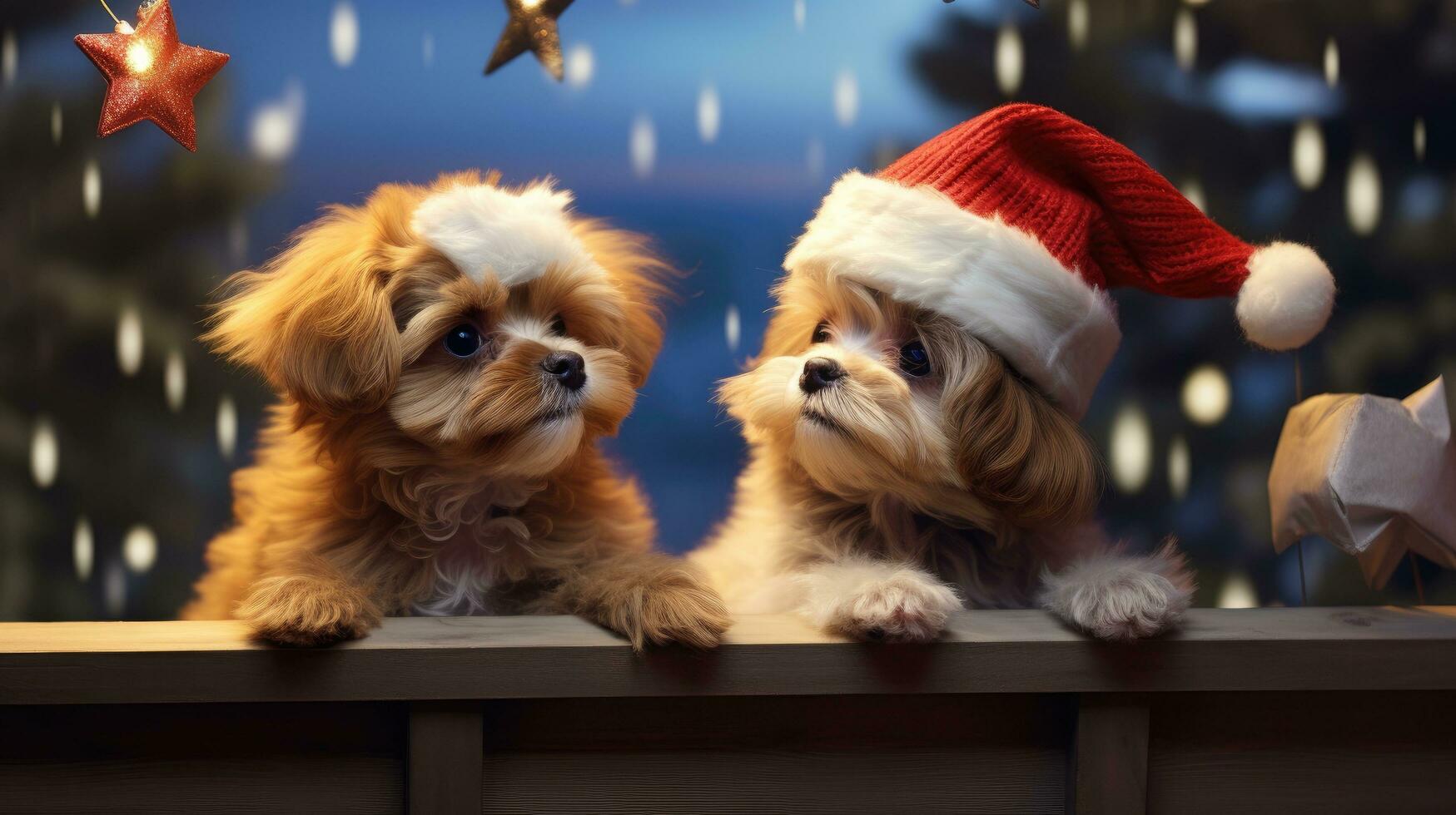 divertente americano akita cucciolo Due persone indossare corna e Santa cappelli sedersi su il davanti veranda festeggiare il 2024 nuovo anno. foto