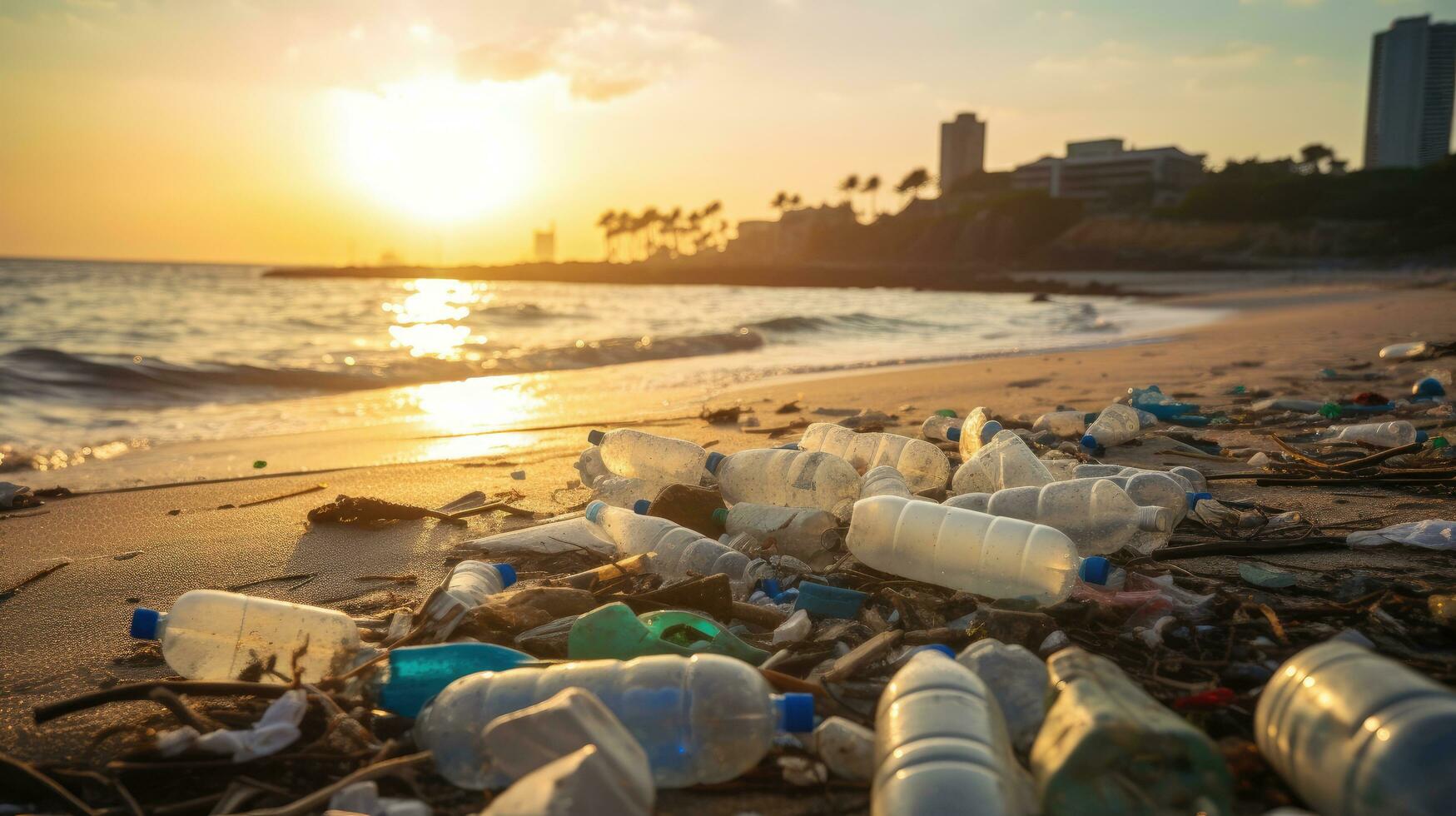 spazzatura su il bordo di un vuoto e sporco plastica bottiglia grande città spiaggia ambientale inquinamento ecologico i problemi foto