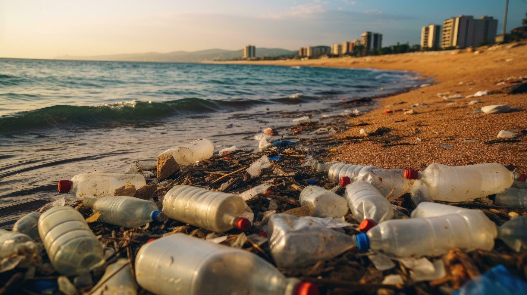 spazzatura su il bordo di un vuoto e sporco plastica bottiglia grande città spiaggia ambientale inquinamento ecologico i problemi foto