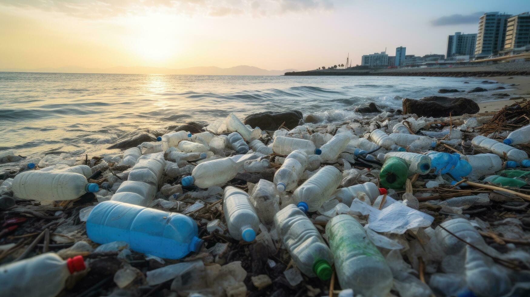 spazzatura su il bordo di un vuoto e sporco plastica bottiglia grande città spiaggia ambientale inquinamento ecologico i problemi foto