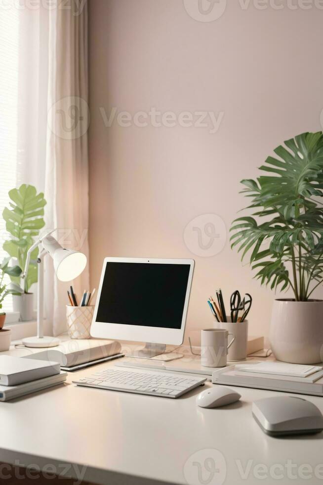 minimalista morbido pastello colore scrivania impostare interno casa ufficio foto