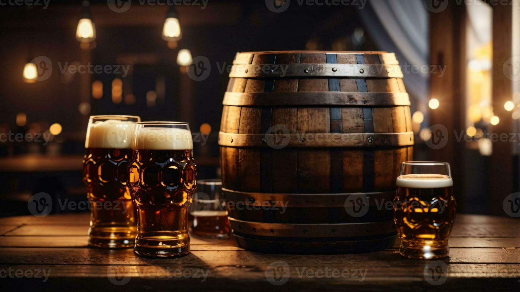 realistico oktoberfest birra barile con birra bicchieri su di legno tavolo foto