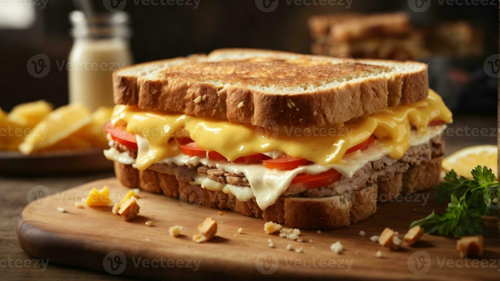 Sandwich con misto ingredienti e francese patatine fritte su un' di legno tavola foto