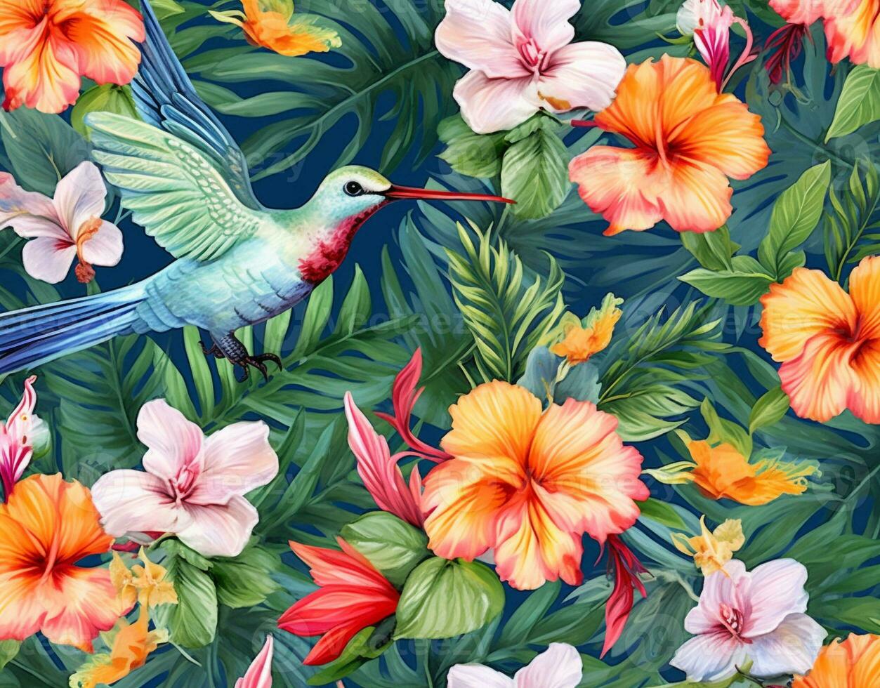 piccolo colibrì e tropicale fiori modello foto