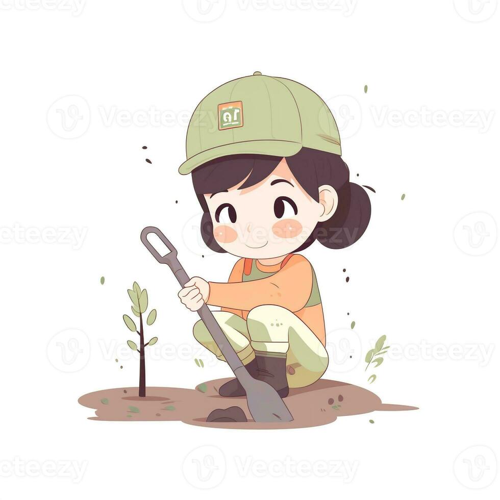 carino ragazza piantare un' piccolo albero con un' pala foto