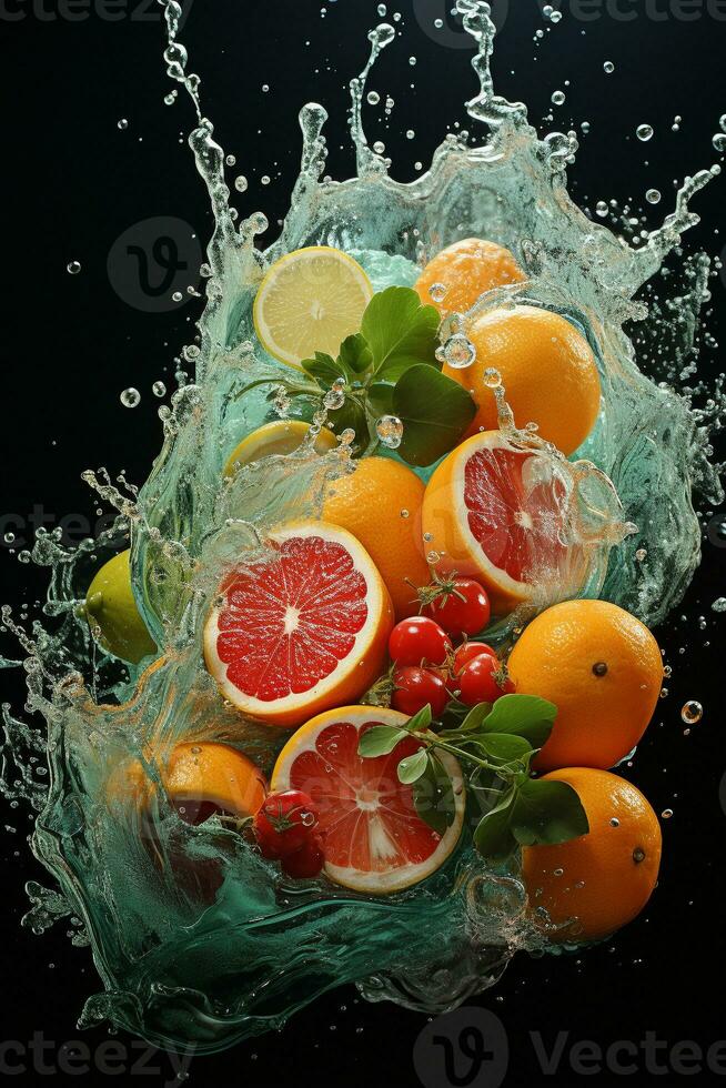 il frutta di diverso varietà fette caduta su di acqua foto