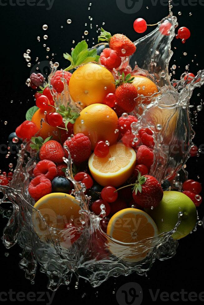 il frutta di diverso varietà fette caduta su di acqua foto