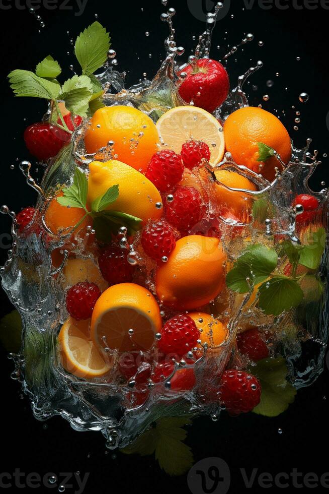 il frutta di diverso varietà fette caduta su di acqua foto