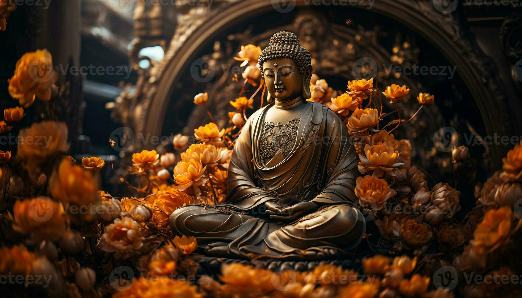 Budda d'oro scultura con fiori generativo ai foto