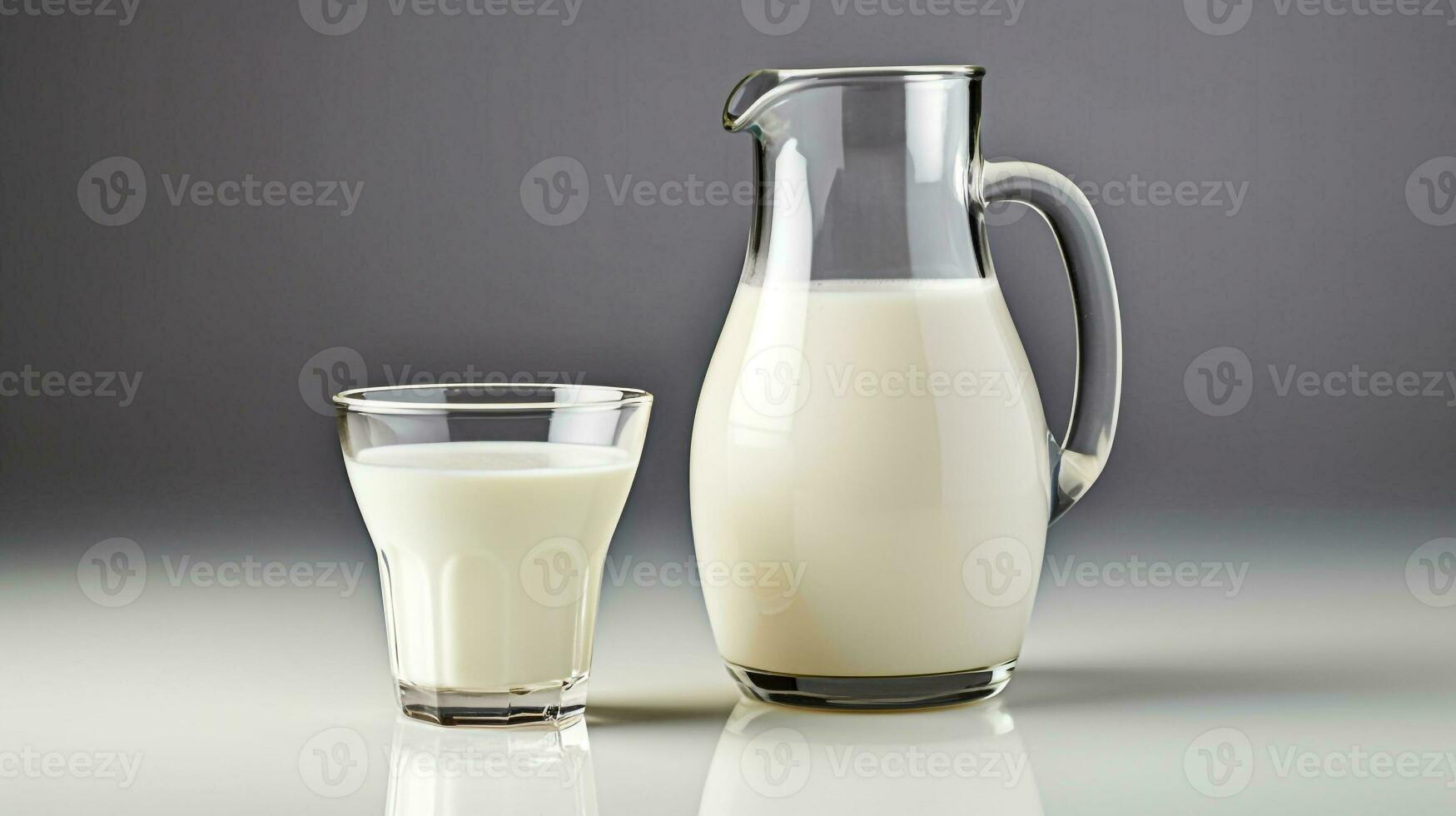 latte nel bicchiere e brocca su grigio sfondo generativo ai foto
