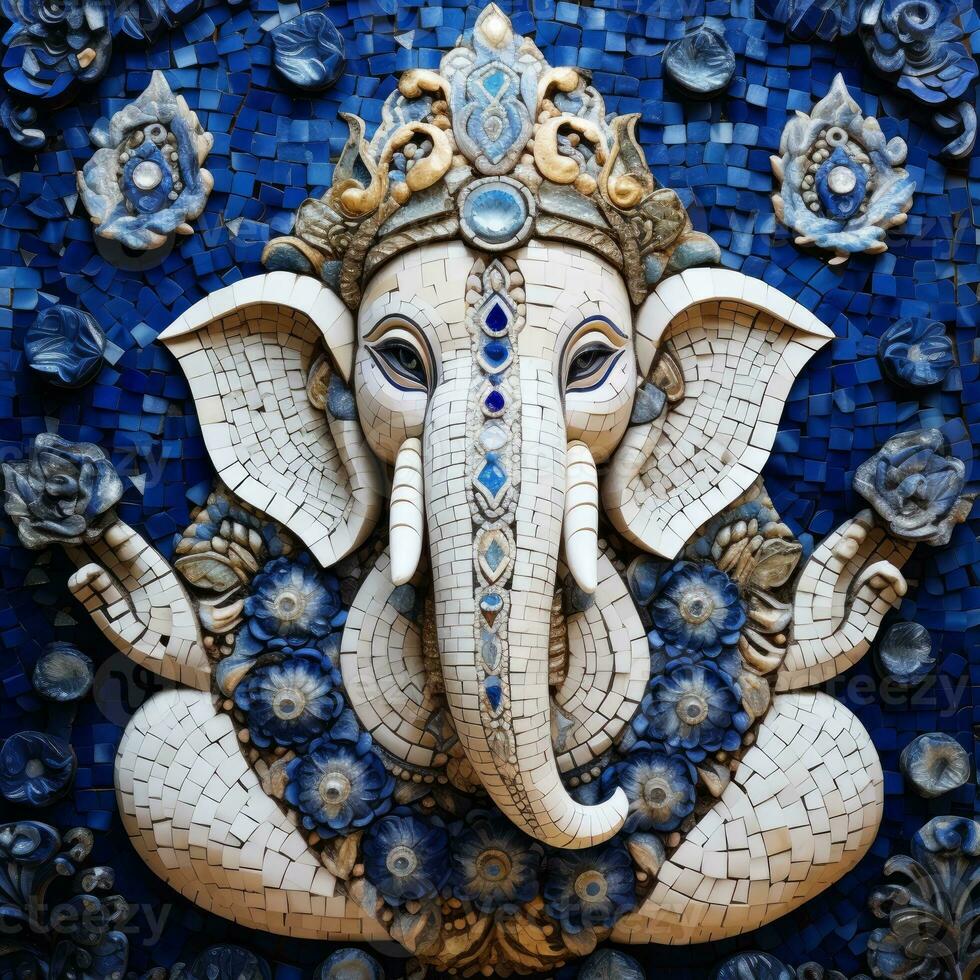 un' Dio Ganesha scultura fatto con bianca blu pietra generativo ai foto
