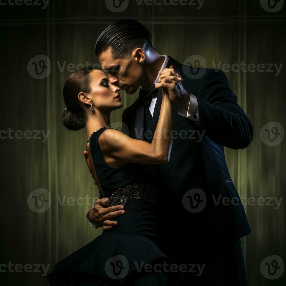 un' coppia indossare nero stoffa fare tango danza generativo ai foto