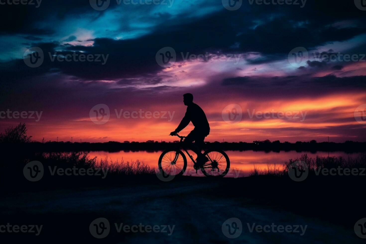 silhouette di un' uomo equitazione bicicletta vicino il lago a notte generativo ai foto