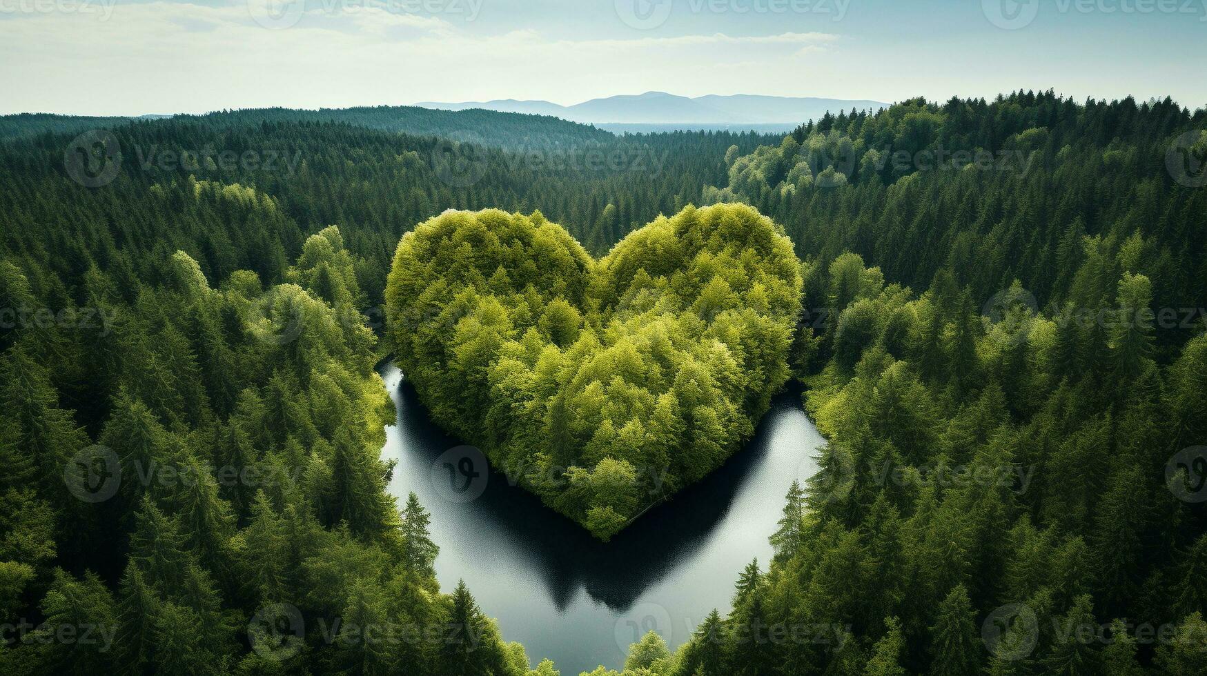 superiore Visualizza di un' a forma di cuore alberi circondato di lago generativo ai foto