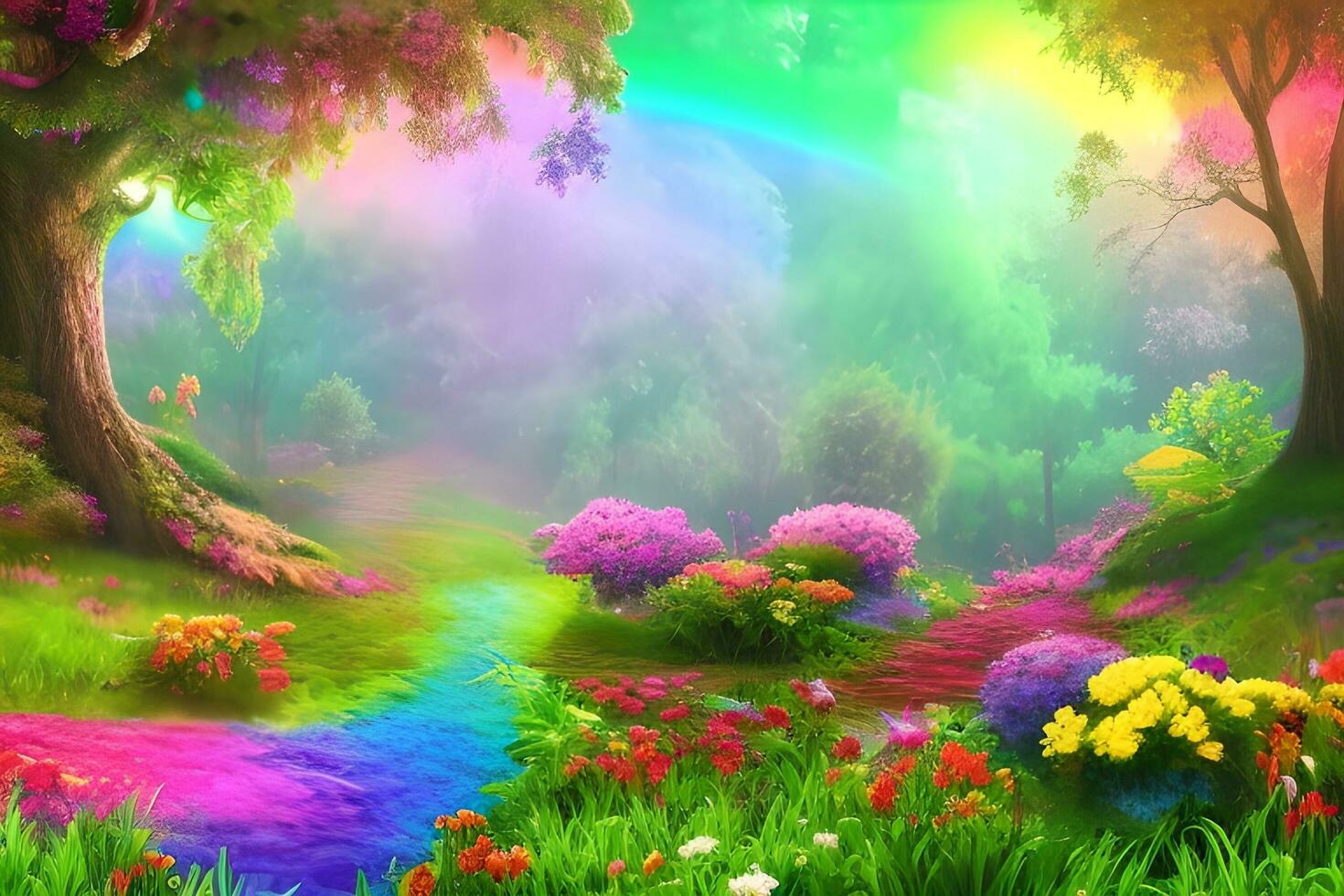 fiore foresta sfondo, arcobaleno pastello fiore foresta paesaggio, fiore foresta paesaggio sfondo, natura sfondo, paesaggio sfondo, ai generativo foto
