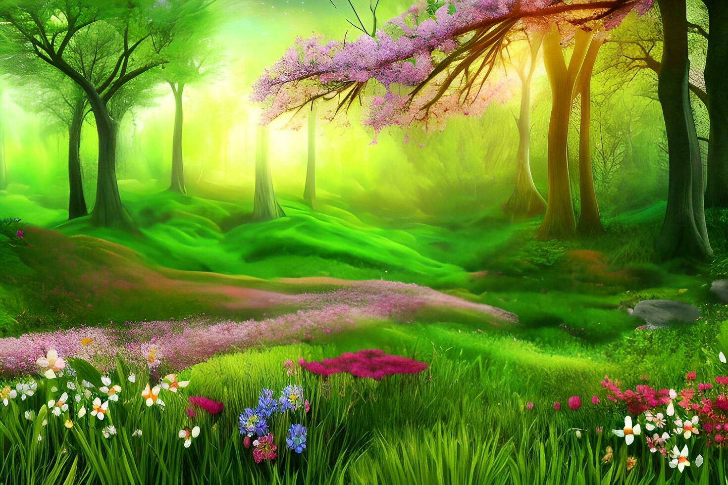 primavera foresta sfondo, primavera foresta paesaggio sfondo, primavera sfondo, natura sfondo, paesaggio sfondo, ai generativo foto