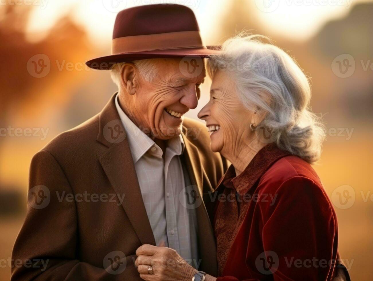 amorevole vecchio coppia è godendo un' romantico autunno giorno ai generativo foto