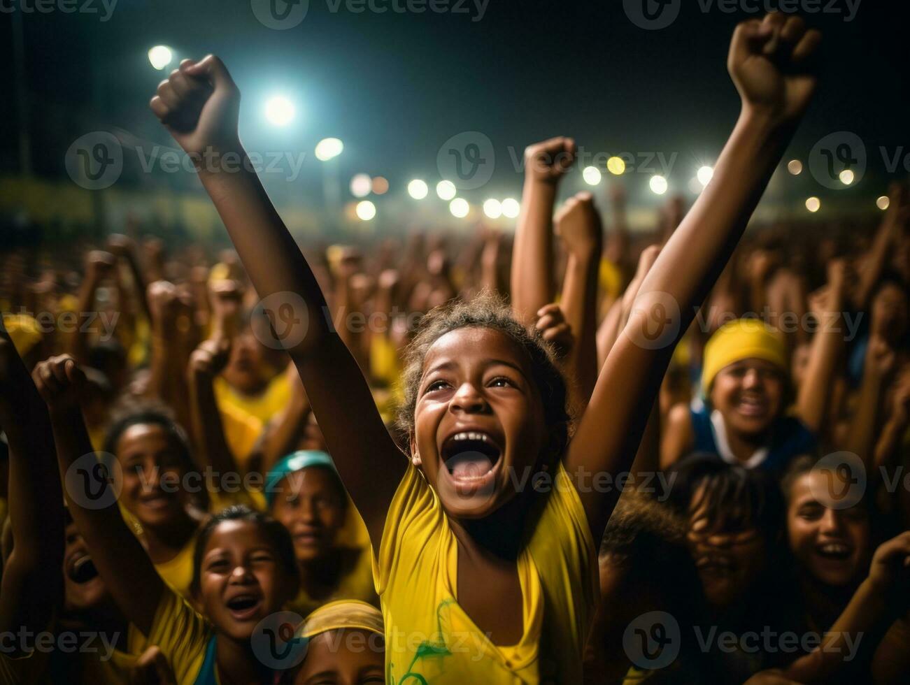 brasiliano ragazzo celebra il suo calcio squadre vittoria ai generativo foto