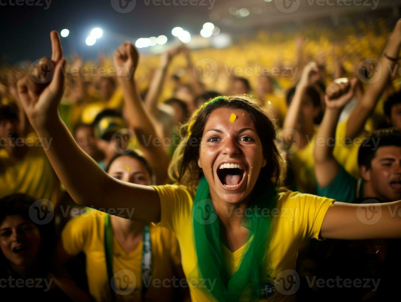 brasiliano donna celebra sua calcio squadre vittoria ai generativo foto