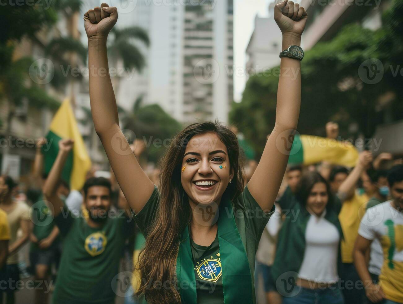 brasiliano donna celebra sua calcio squadre vittoria ai generativo foto