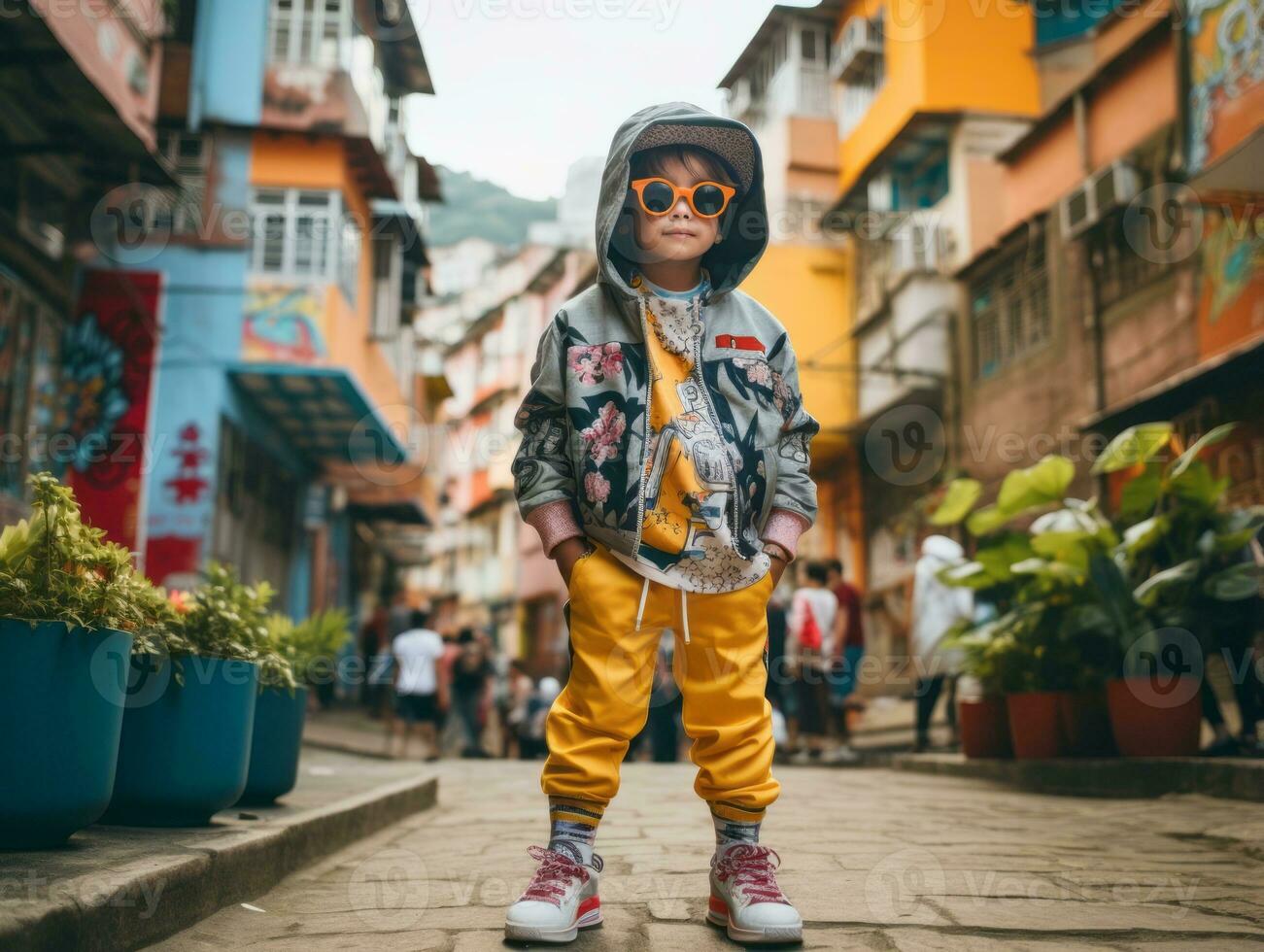 ragazzo gode un' senza fretta passeggiare attraverso il vivace città strade ai generativo foto