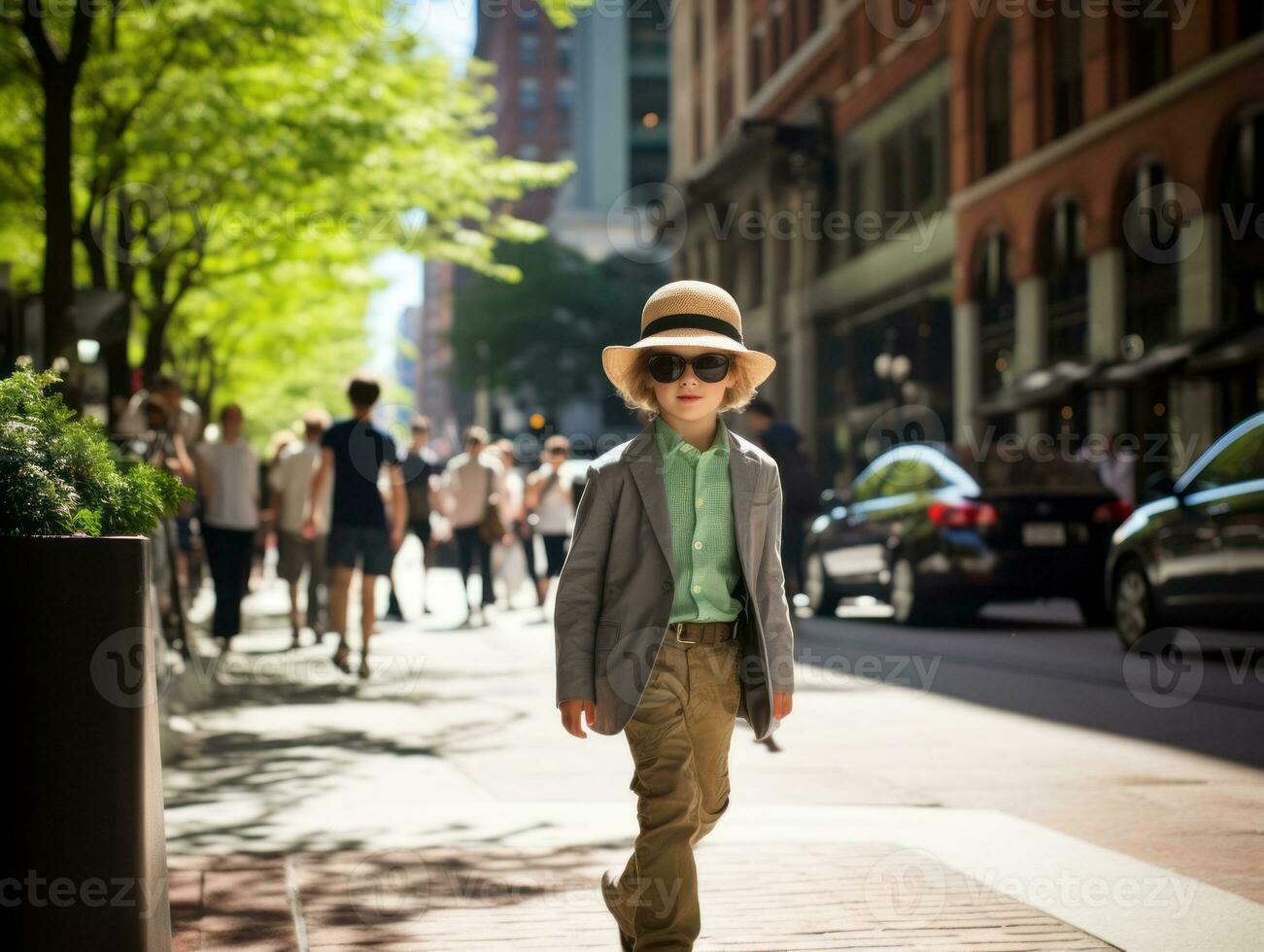 ragazzo gode un' senza fretta passeggiare attraverso il vivace città strade ai generativo foto