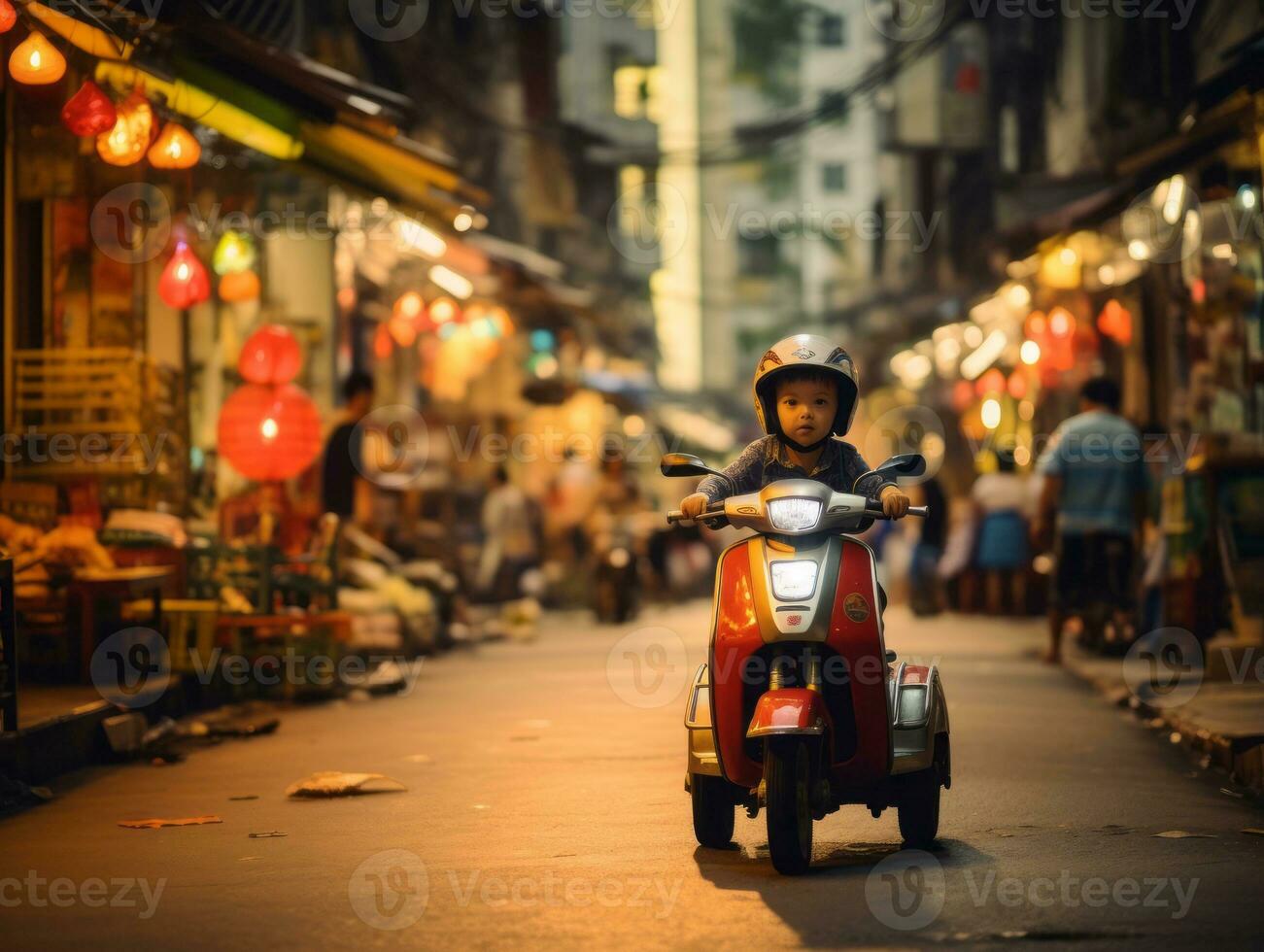 ragazzo gode un' senza fretta passeggiare attraverso il vivace città strade ai generativo foto