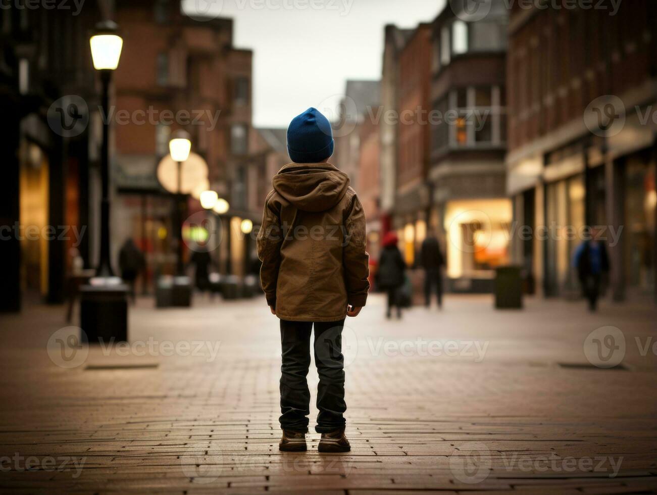 ragazzo gode un' senza fretta passeggiare attraverso il vivace città strade ai generativo foto