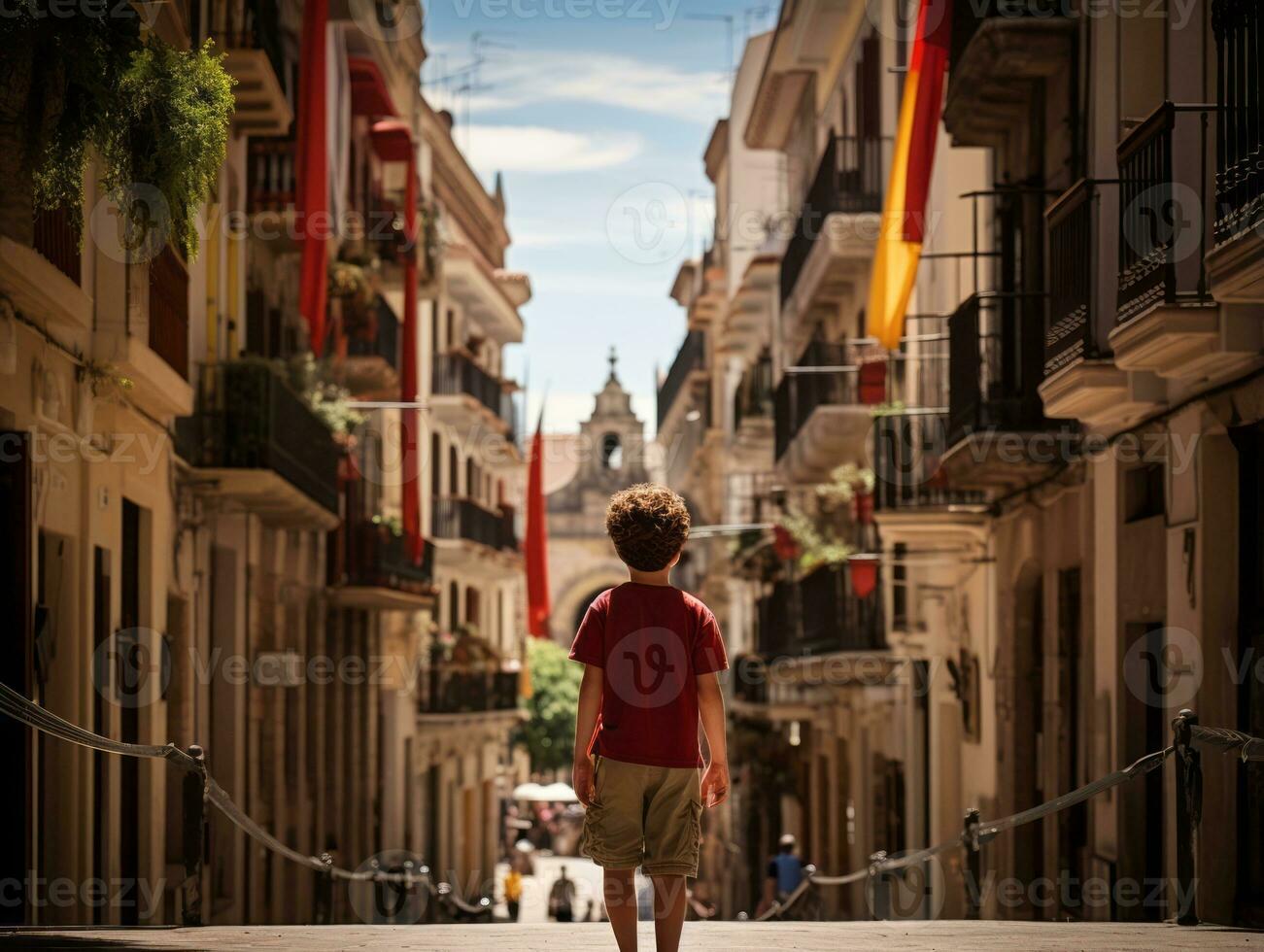 ragazzo gode un' senza fretta passeggiare attraverso il vivace città strade ai generativo foto