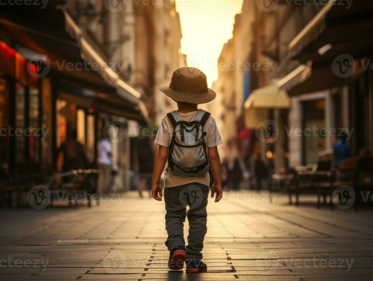 ragazzo gode un' senza fretta passeggiare attraverso il vivace città strade ai generativo foto