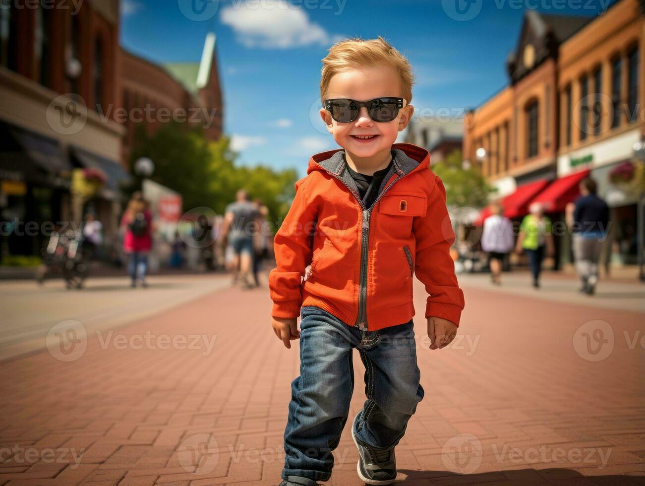 ragazzo gode un' senza fretta passeggiare attraverso il vivace città strade ai generativo foto