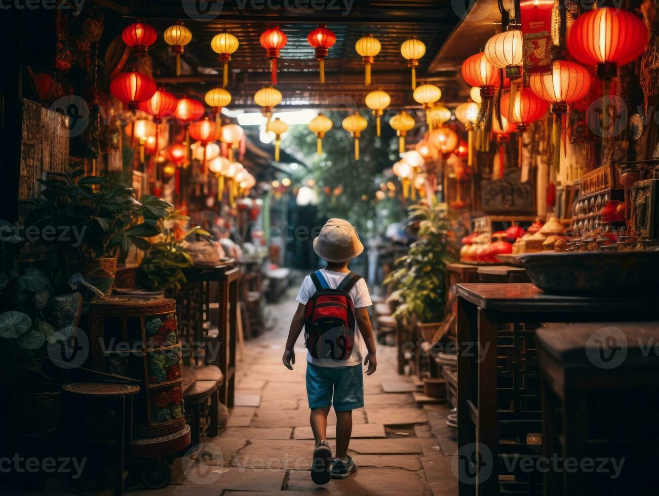 ragazzo gode un' senza fretta passeggiare attraverso il vivace città strade ai generativo foto