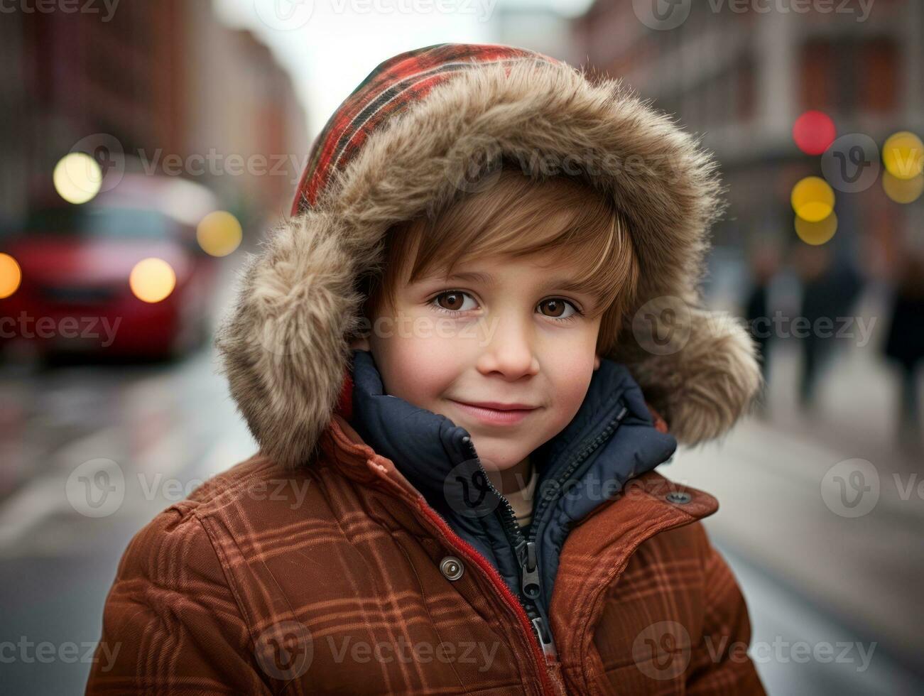 ragazzo gode un' senza fretta passeggiare attraverso il vivace città strade ai generativo foto