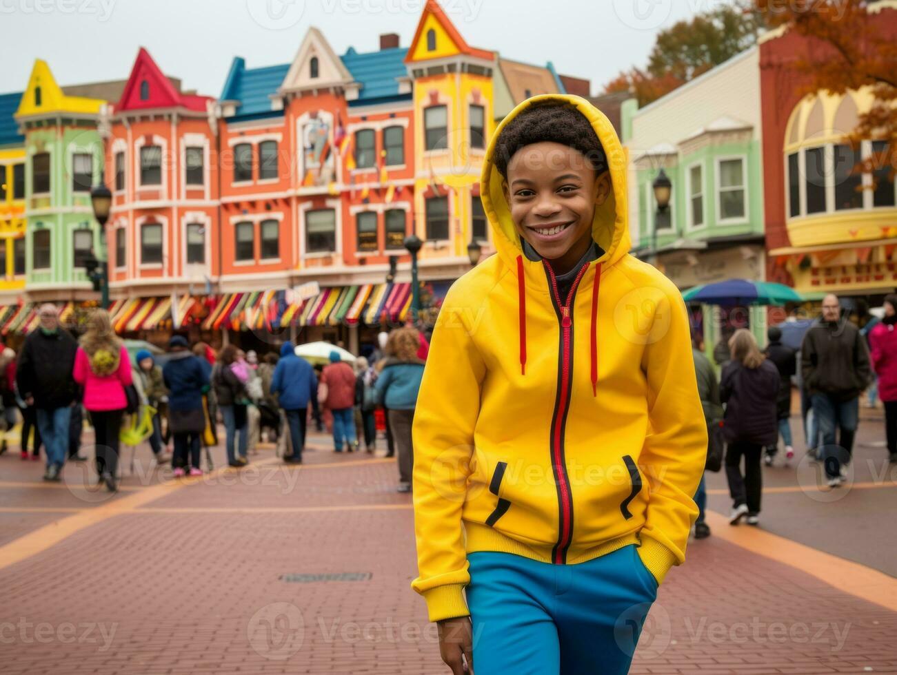 ragazzo gode un' senza fretta passeggiare attraverso il vivace città strade ai generativo foto