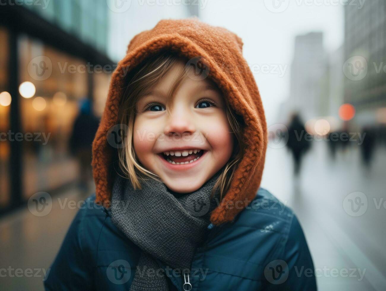 ragazzo gode un' senza fretta passeggiare attraverso il vivace città strade ai generativo foto