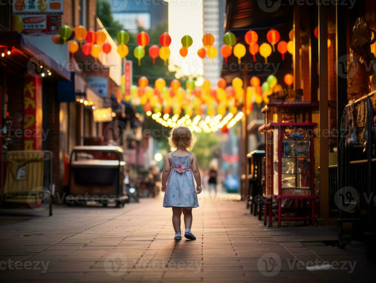 ragazzo gode un' senza fretta passeggiare attraverso il vivace città strade ai generativo foto