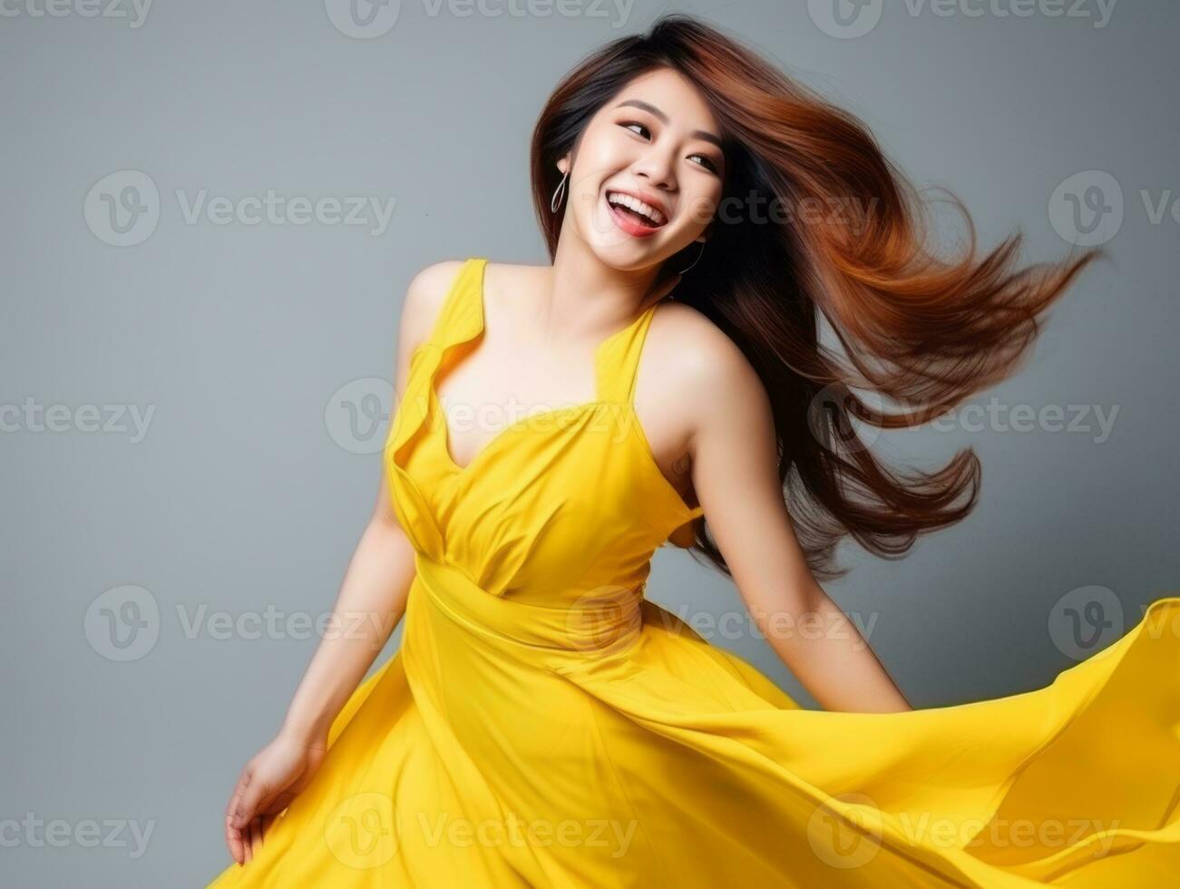 asiatico donna nel emotivo dinamico posa su solido sfondo ai generativo foto