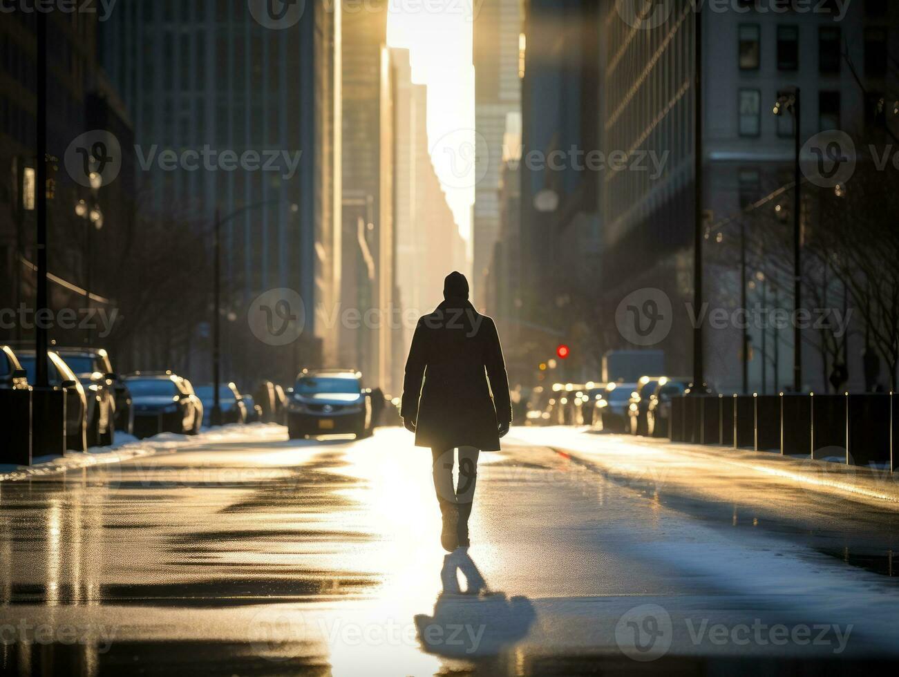 uomo gode un' senza fretta passeggiare attraverso il vivace città strade ai generativo foto