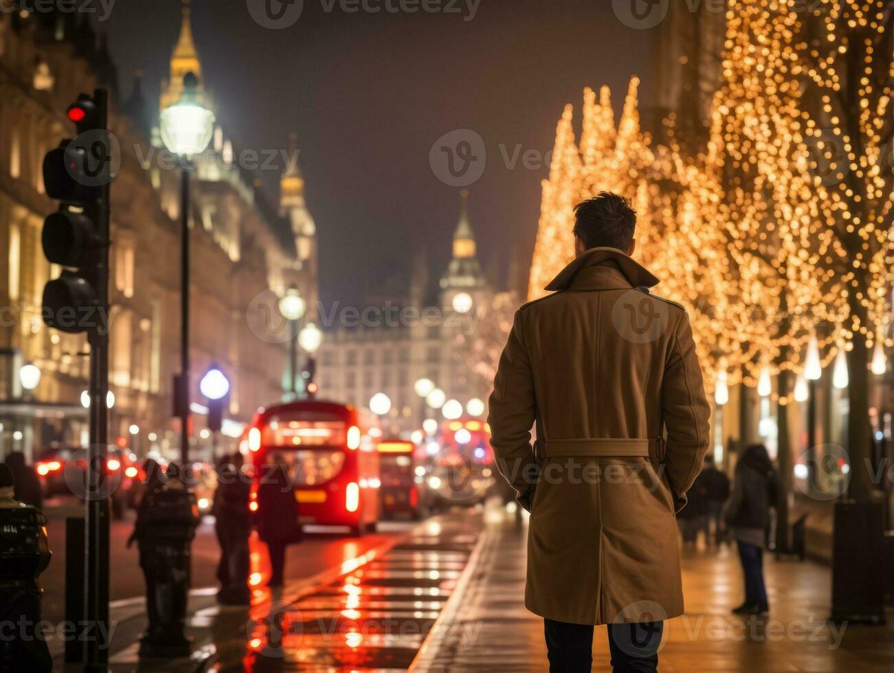 uomo gode un' senza fretta passeggiare attraverso il vivace città strade ai generativo foto
