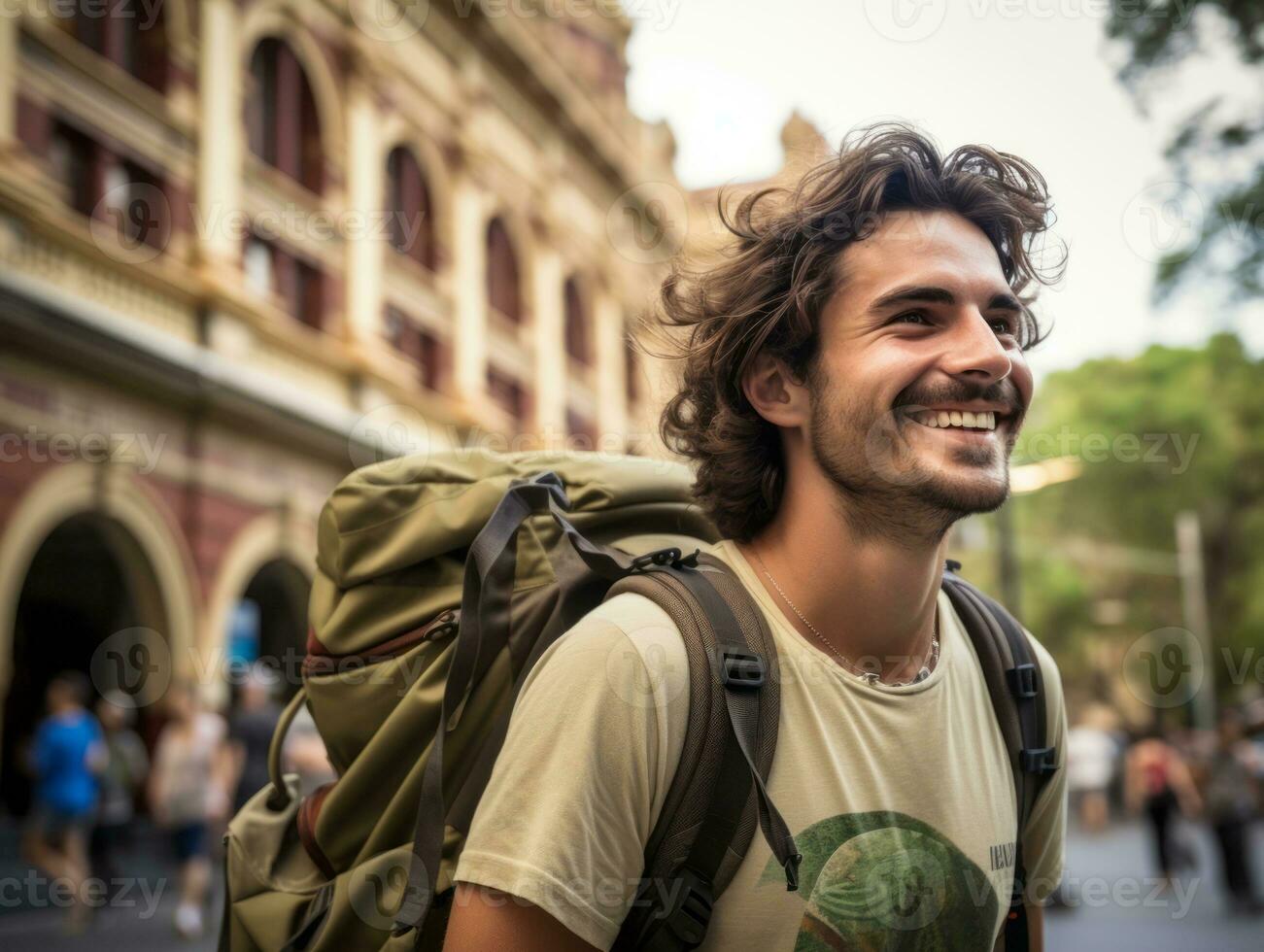 uomo gode un' senza fretta passeggiare attraverso il vivace città strade ai generativo foto